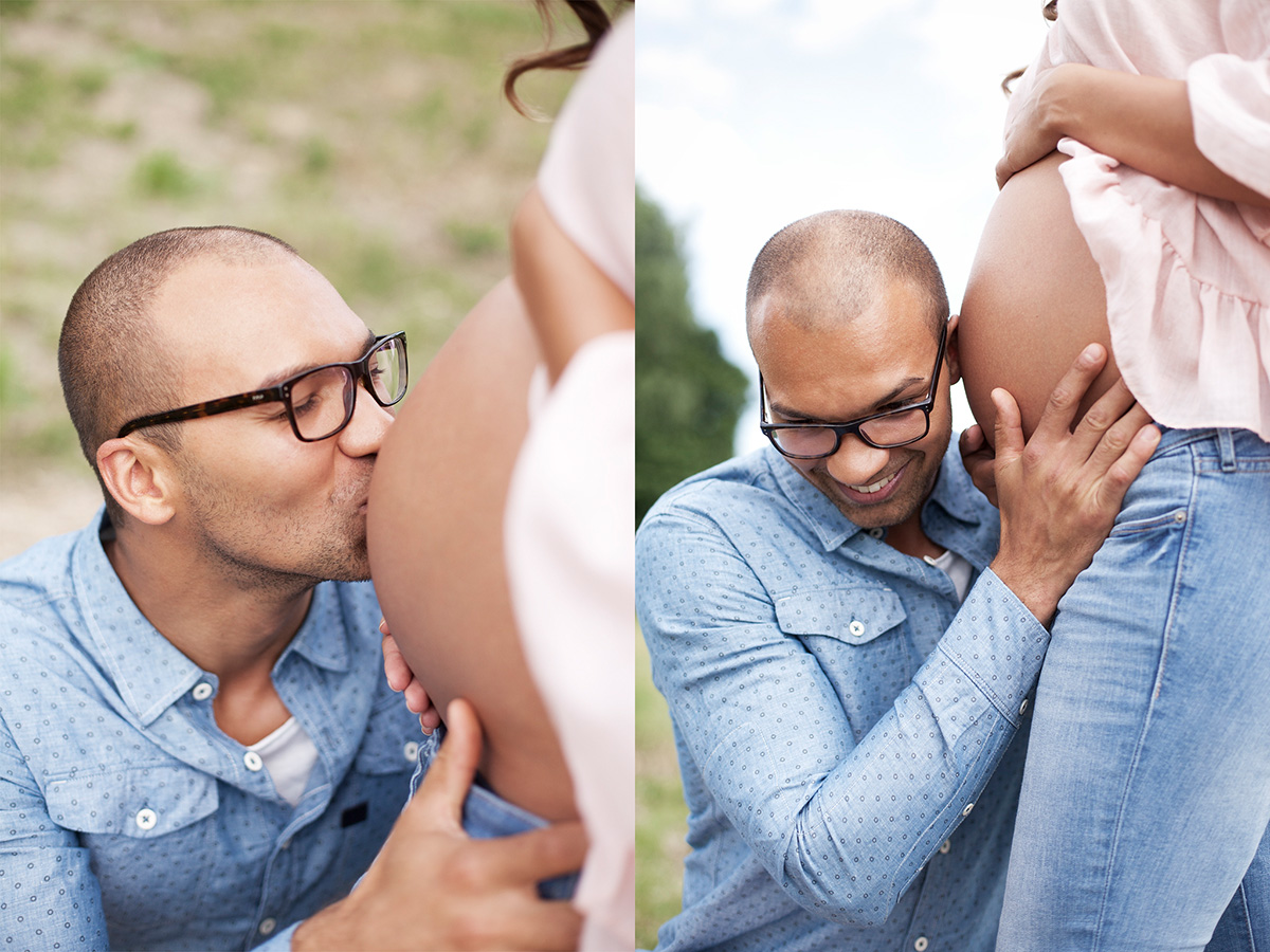 Babybauchfotografie Schwangere Frau und Papa, Babybauch Shooting in der Natur