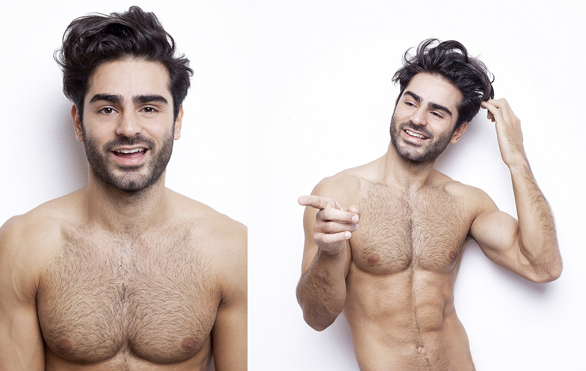 Studiofotografie männliche Person mit dunklen Haaren Oberkörper frei