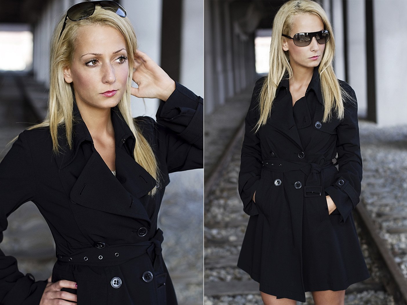 Werbefotografie weibliche Person mit langen blonden Haaren im schwarzen Trenchcoat und Sonnenbrille