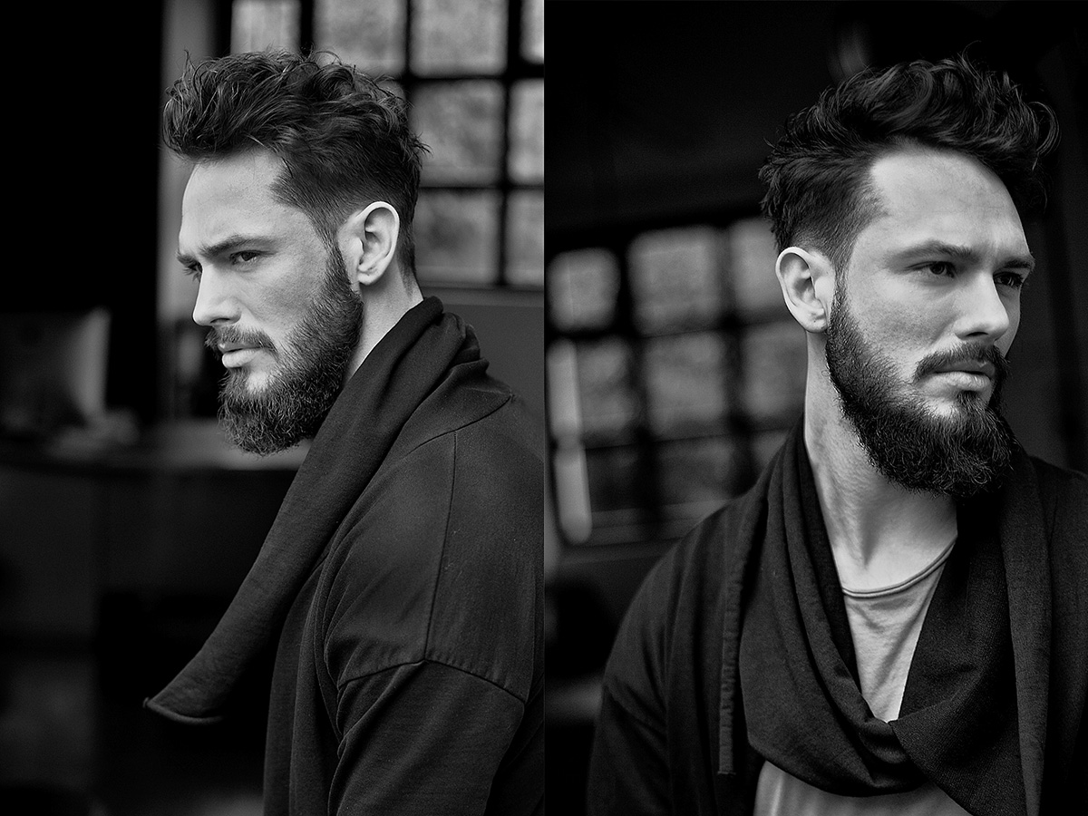 Werbefotografie Hairstyling Unternehmen in Frankfurt männliche Person mit einer sehr schönen Frisur schwarzweiss Foto